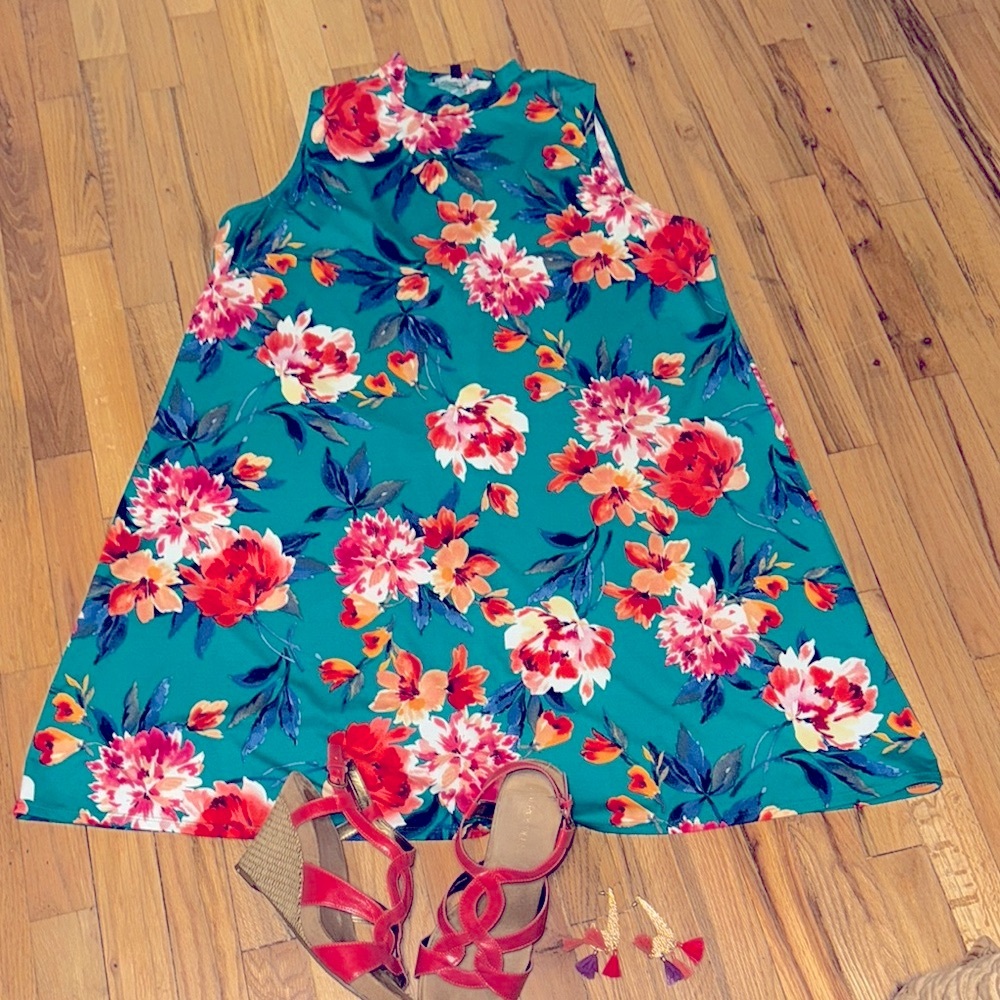 Red and Pink Sleeveless Mock Neck Sundress